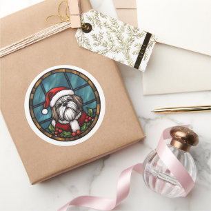 Shih Tzu Stained Glass Christmas Classic Round Sticker