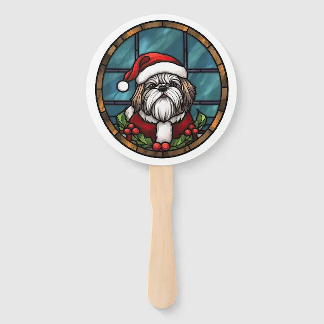 Shitzhu Hand Racket Shih Tzu Stained Glass Christmas Hand Fan | Zazzle