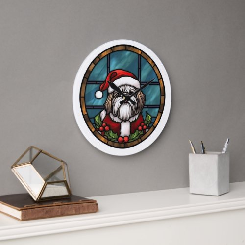 Shih Tzu Stained Glass Christmas Large Clock