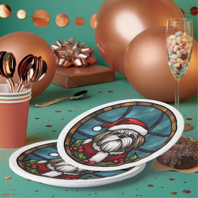 Shih Tzu Stained Glass Christmas Paper Plates (Multi)