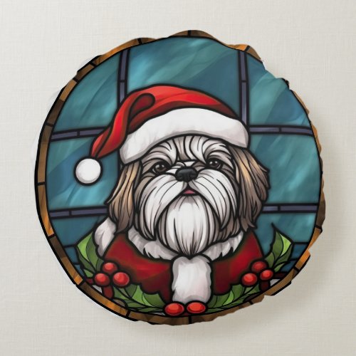 Shih Tzu Stained Glass Christmas Round Pillow