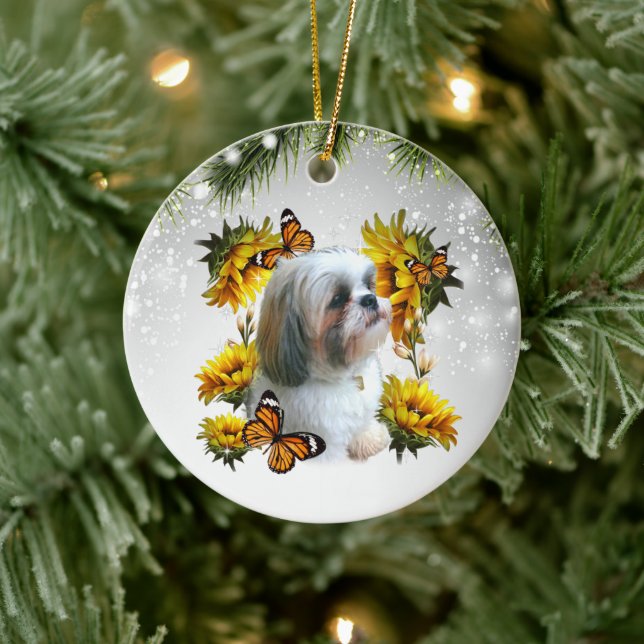 Shih Tzu Sunflower Butterfly memorial paw prints Ceramic Ornament (Tree)
