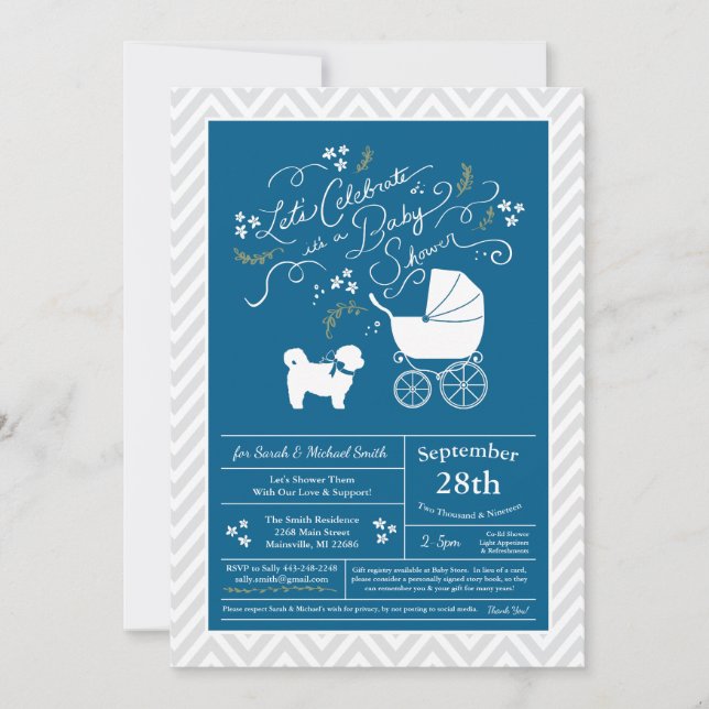 Shih Tzu Teddy Bear Dog Baby Shower Blue Boy Invitation (Front)