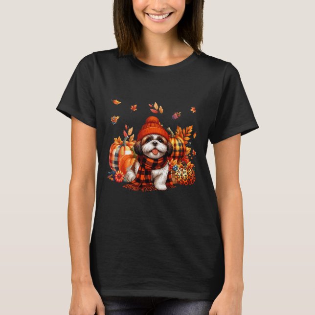 Shih Tzu Thanksgiving Leopard Pumpkins Fall Leaves T-Shirt (Front)
