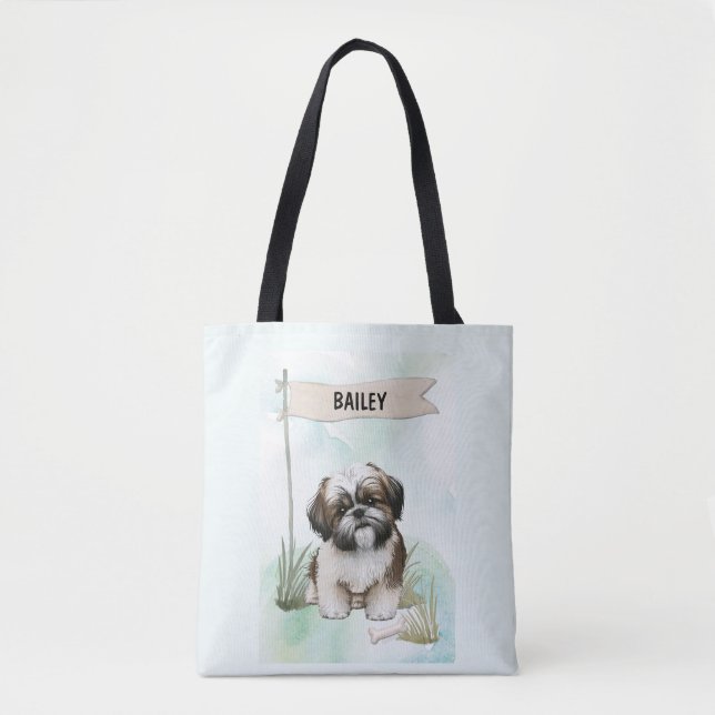 Shih Tzu Watercolor Personalized Dog Tote Bag (Front)