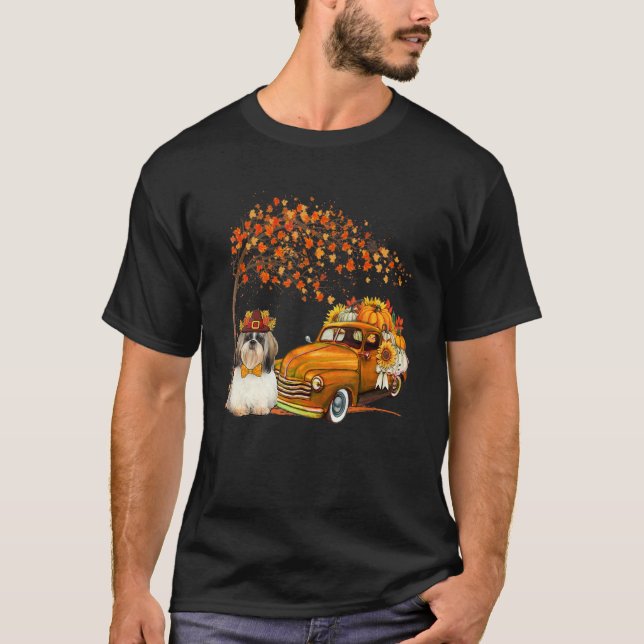 Shih Tzu Wearing Hat Fall Tree Pickup Truck Pumpki T-Shirt (Front)