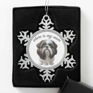 Shih Tzu - Where Is My Mom Snowflake Pewter Christmas Ornament