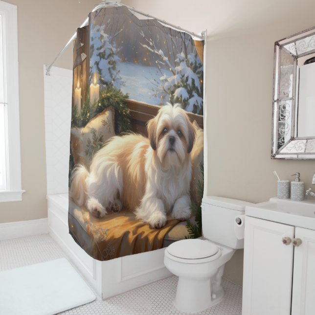 Shih Tzu with Christmas Lights Holiday  Shower Curtain (In Situ)