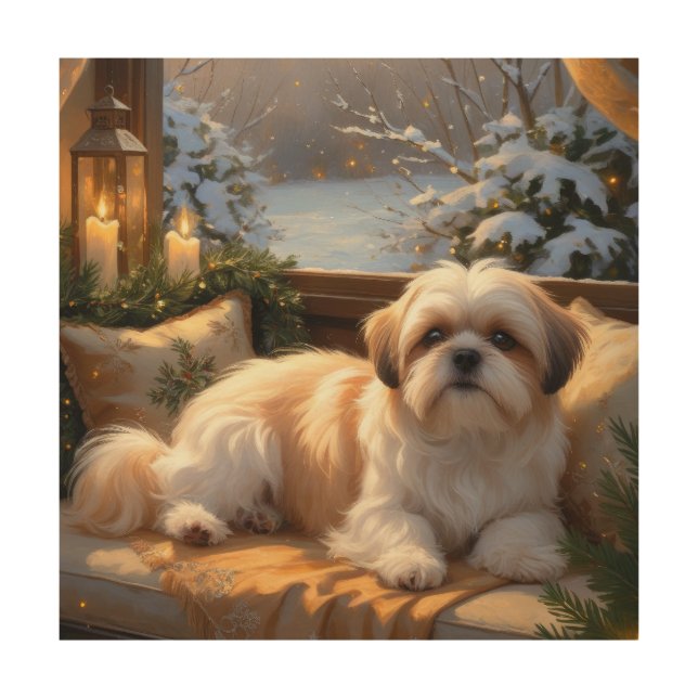 Shih Tzu with Christmas Lights Holiday  Wood Wall Art (Front)