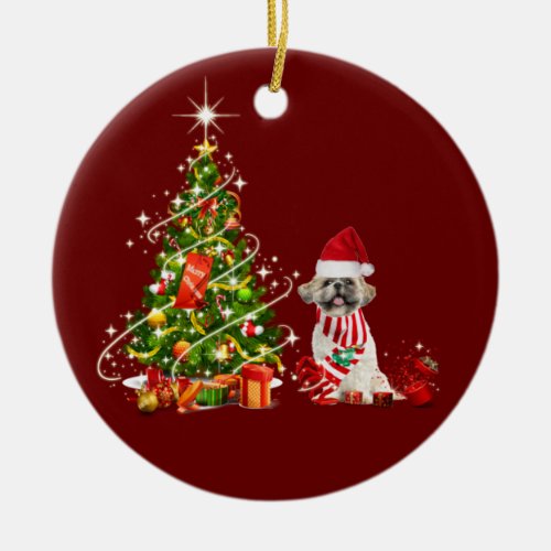 Shih tzu With Hat Scaft Christmas Ceramic Ornament