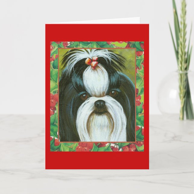 Shih Tzu with Holly for Christmas Holiday Card (Front)