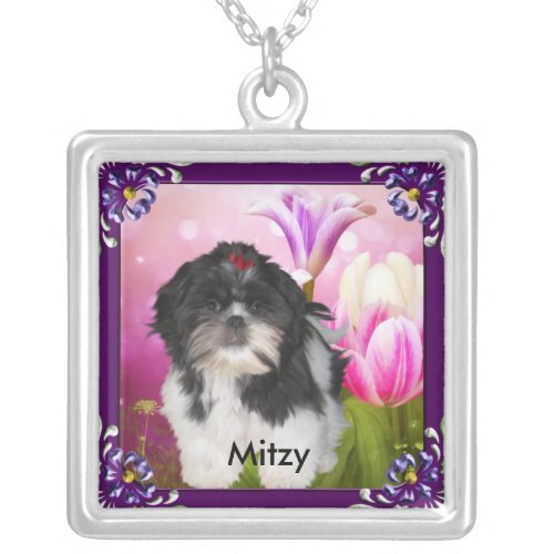 Shih tzu with Purple Frame  Flowers Named Silver Plated Necklace