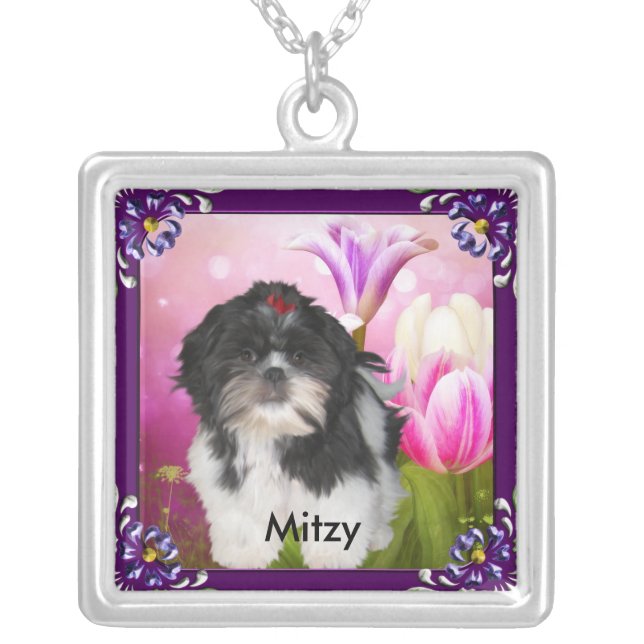 Shih tzu with Purple Frame & Flowers Named Silver Plated Necklace (Front)