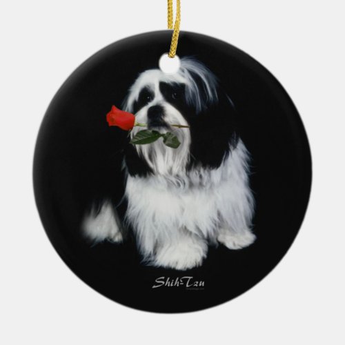 Shih Tzu With Rose Ceramic Ornament