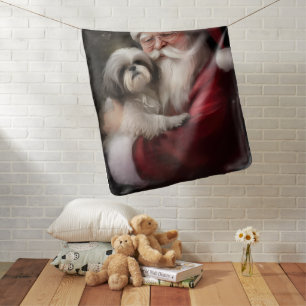 Shih Tzu With Santa Claus Festive Christmas Baby Blanket