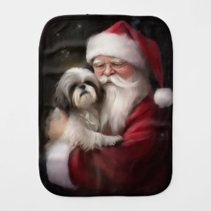 Shih Tzu With Santa Claus Festive Christmas Baby Burp Cloth