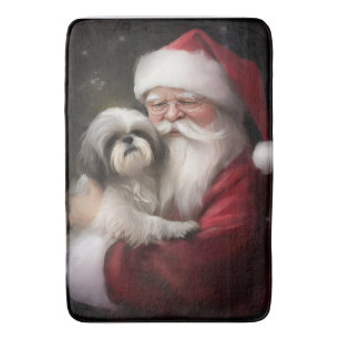 Shih Tzu With Santa Claus Festive Christmas Bath Mat
