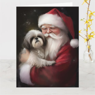 Shih Tzu With Santa Claus Festive Christmas Card