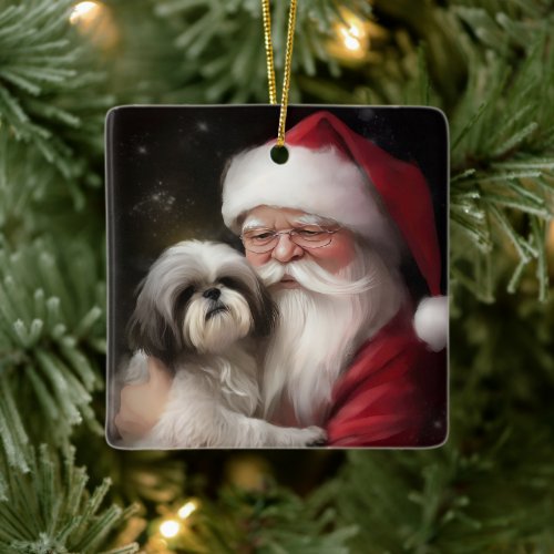 Shih Tzu With Santa Claus Festive Christmas  Ceramic Ornament