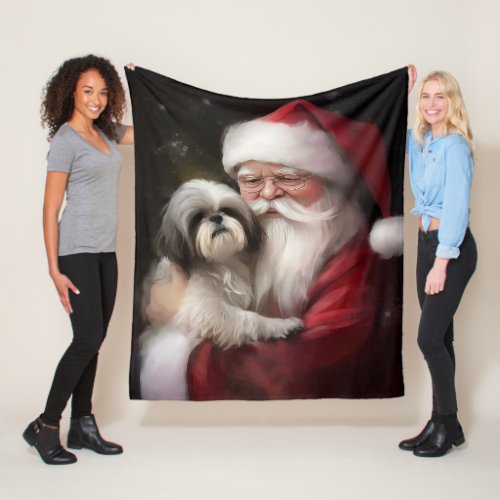 Shih Tzu With Santa Claus Festive Christmas  Fleece Blanket