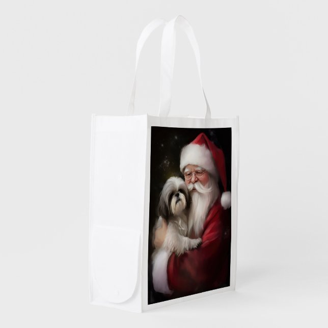 Shih Tzu With Santa Claus Festive Christmas  Grocery Bag (Front Side)