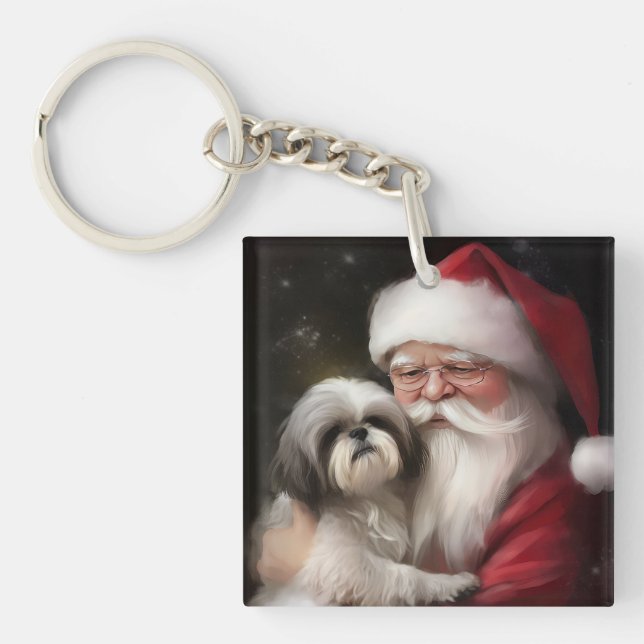 Shih Tzu With Santa Claus Festive Christmas  Keychain (Front)