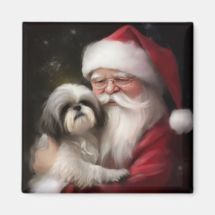 Shih Tzu With Santa Claus Festive Christmas Magnet