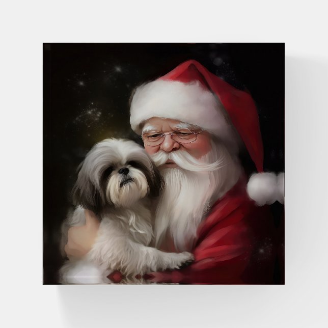 Shih Tzu With Santa Claus Festive Christmas  Paperweight (Front)
