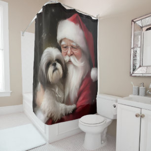 Shih Tzu With Santa Claus Festive Christmas Shower Curtain