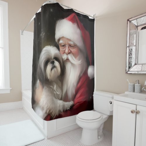 Shih Tzu With Santa Claus Festive Christmas  Shower Curtain