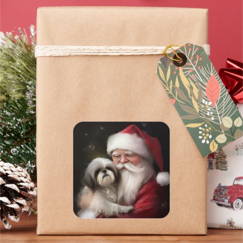 Shih Tzu With Santa Claus Festive Christmas  Square Sticker