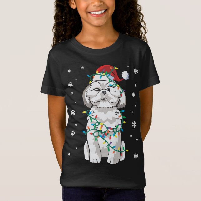 Shih Tzu Wrapped In Christmas Lights Dog T-Shirt (Front)