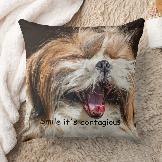 Shih tzu yawning laughing smile text customize throw pillow (Blanket)