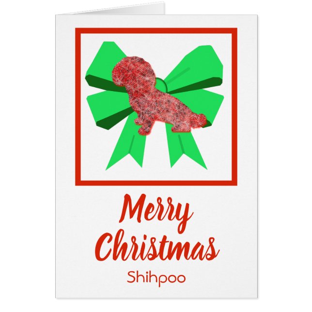 Shihpoo Cute Christmas Dog & Green Bow Card (Front)