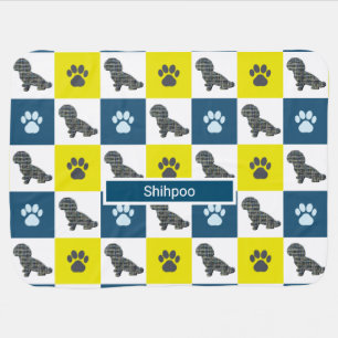 Shihpoo Dog & Paw Print Y&B Grid Silhouette Baby Blanket