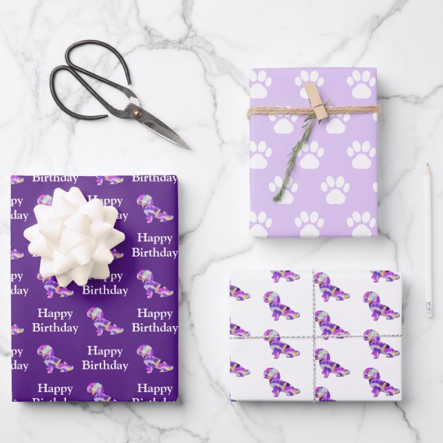 Shihpoo Dog Silhouette Purple Happy Birthday Wrapping Paper Sheets (Front)