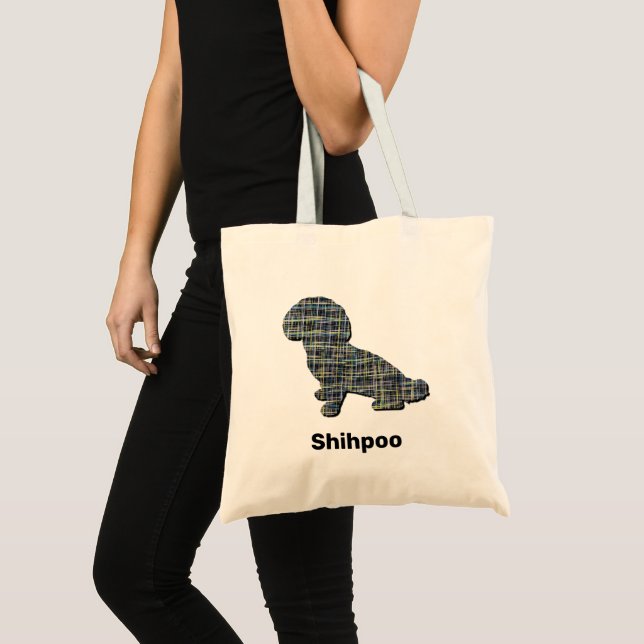 Shihpoo Dog Silhouette Yellow & Black Grid Lines Tote Bag (Front (Product))