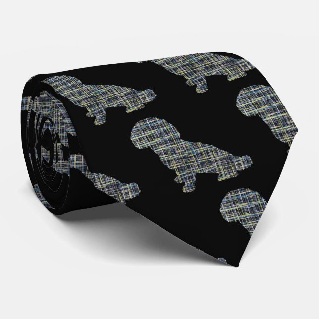 Shihpoo Dog Silhouette Yellow & Black Grid Neck Tie (Rolled)