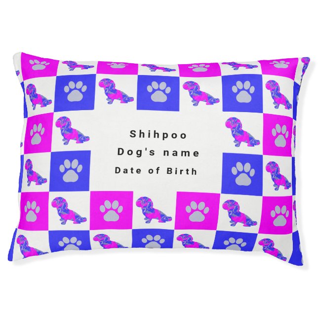 Shihpoo Silhouette Dog & Paw Crazy Hot Pink Pet Bed (Front)