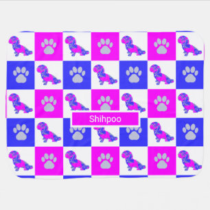 Shihpoo Silhouette Dog & Paw Hot Pink and Blue Baby Blanket