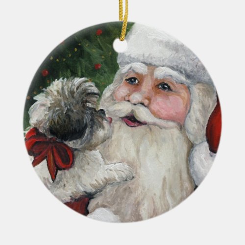 Shihtzu and Santa Dog Art Christmas Ornament