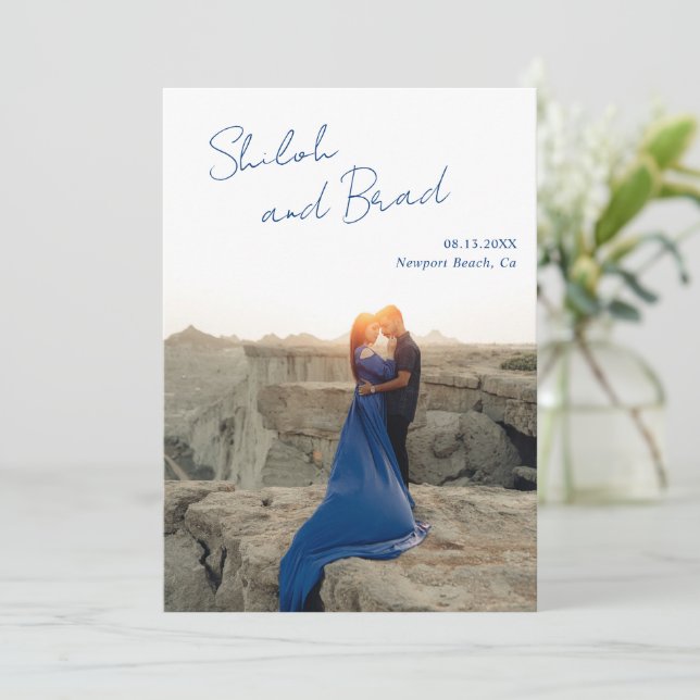 Shiloh Navy Blue Modern Elegant Wedding Save The Date (Standing Front)