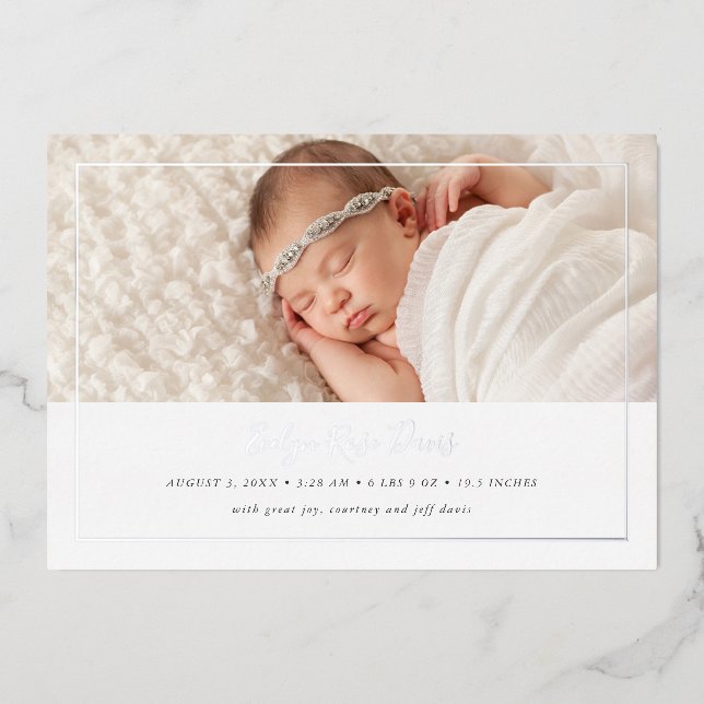 Shimmer 3 Photo Real Foil Birth Announcement Card (Front)