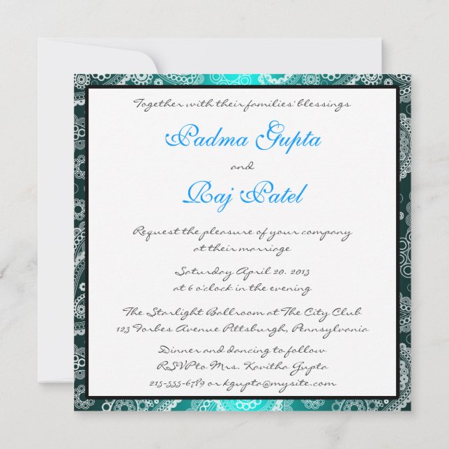 Shimmer Aqua and White Paisley Wedding Invitation (Back)