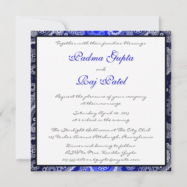 Shimmer Blue and White Paisley Wedding Invitation (Back)