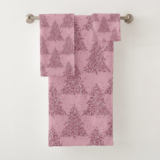 Shimmer Christmas Trees Mauve Pink Dusty Rose Bath Towel Set