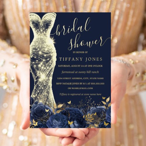 Shimmer Dress Navy Gold Floral Rose Bridal Shower  Foil Invitation