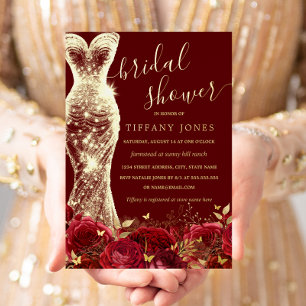 Shimmer Dress Red Gold Floral Rose Bridal Shower Foil Invitation