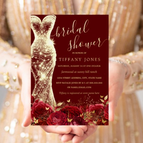 Shimmer Dress Red Gold Floral Rose Bridal Shower  Foil Invitation