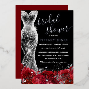 Shimmer Dress Red Silver Black Rose Bridal Shower Foil Invitation